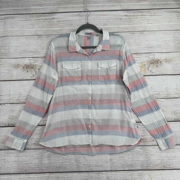 Toad & Co Organic Cotton Striped Button Down Shirt Womens Large White Red Blue - Picture 1 of 15